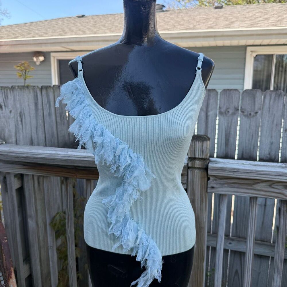Baldanza Ribbed Knit Ruffle Tank Top Asymmetrical Strap Y2K